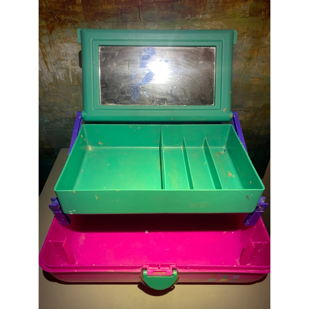 Vintage Caboodles Makeup Case Purple Pink Teal Mirror 90s Retro Organizer Box - Picture 3 of 5